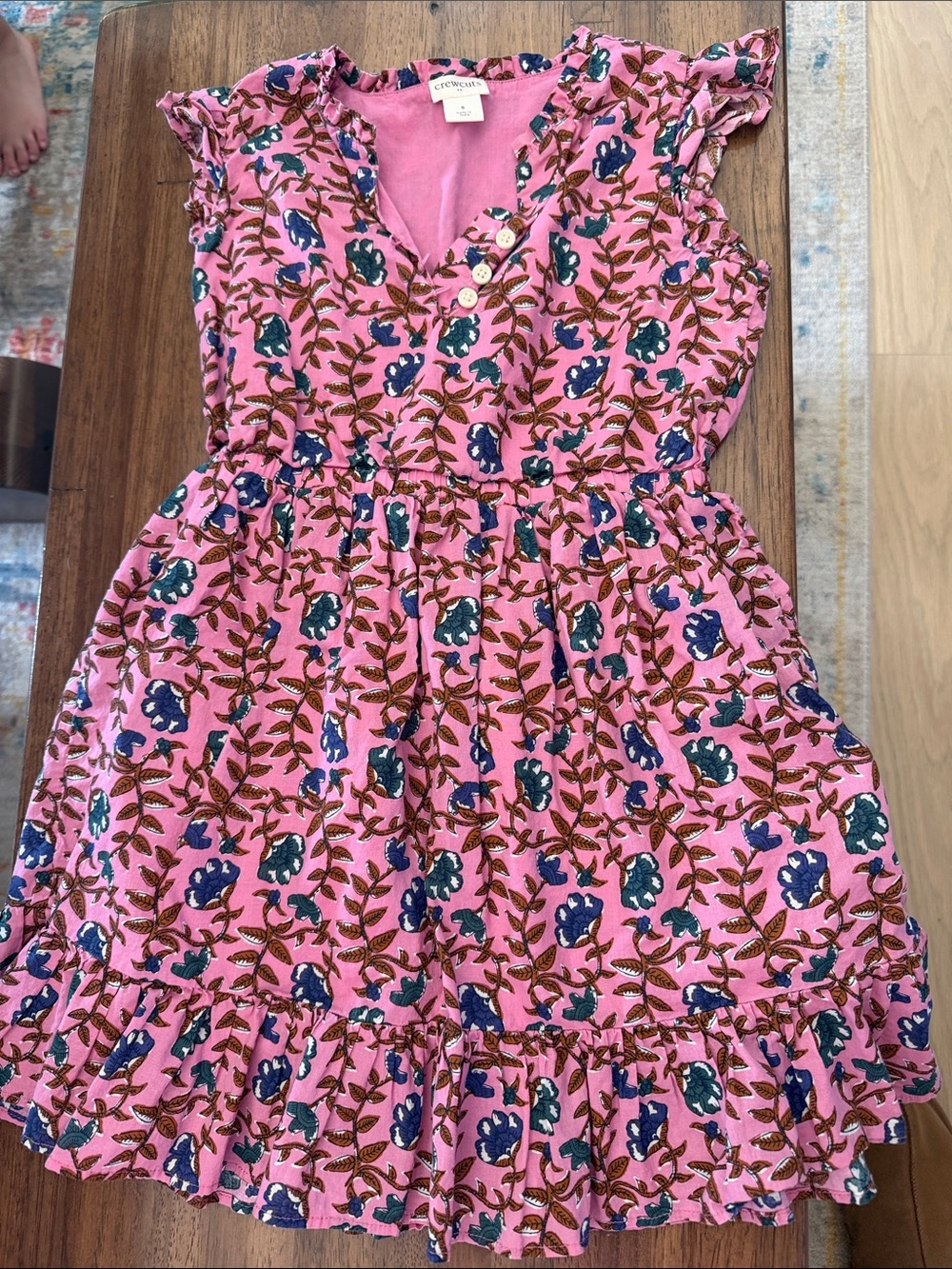 Crewcuts Pink Floral Ruffle Dress with Blue Accents